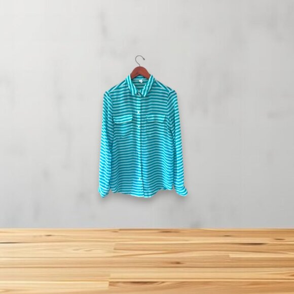 Old Navy Teal Striped Sheer Button-Down Size M Shirt Long Sleeve - Picture 1 of 8
